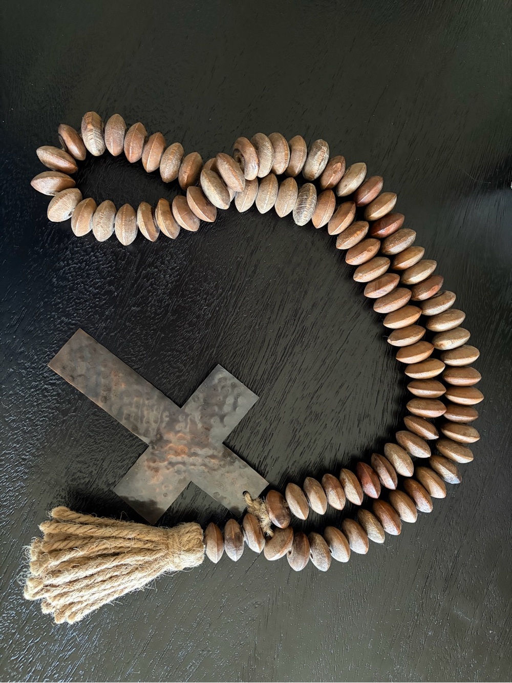 Rustic Brown Wooden Bead Cross Necklace with Natural Tassel